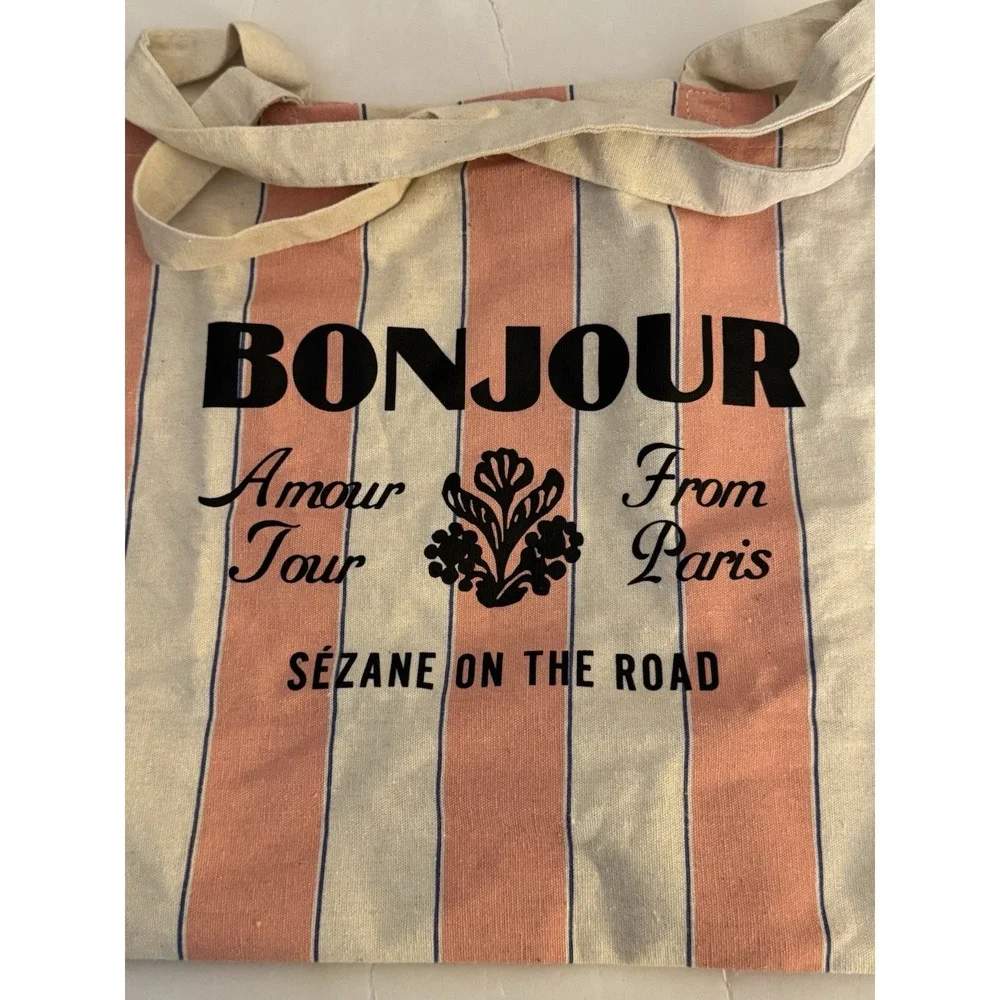 Sezane Women's One Size Bonjour Pink Beige Fabric Tote Bag